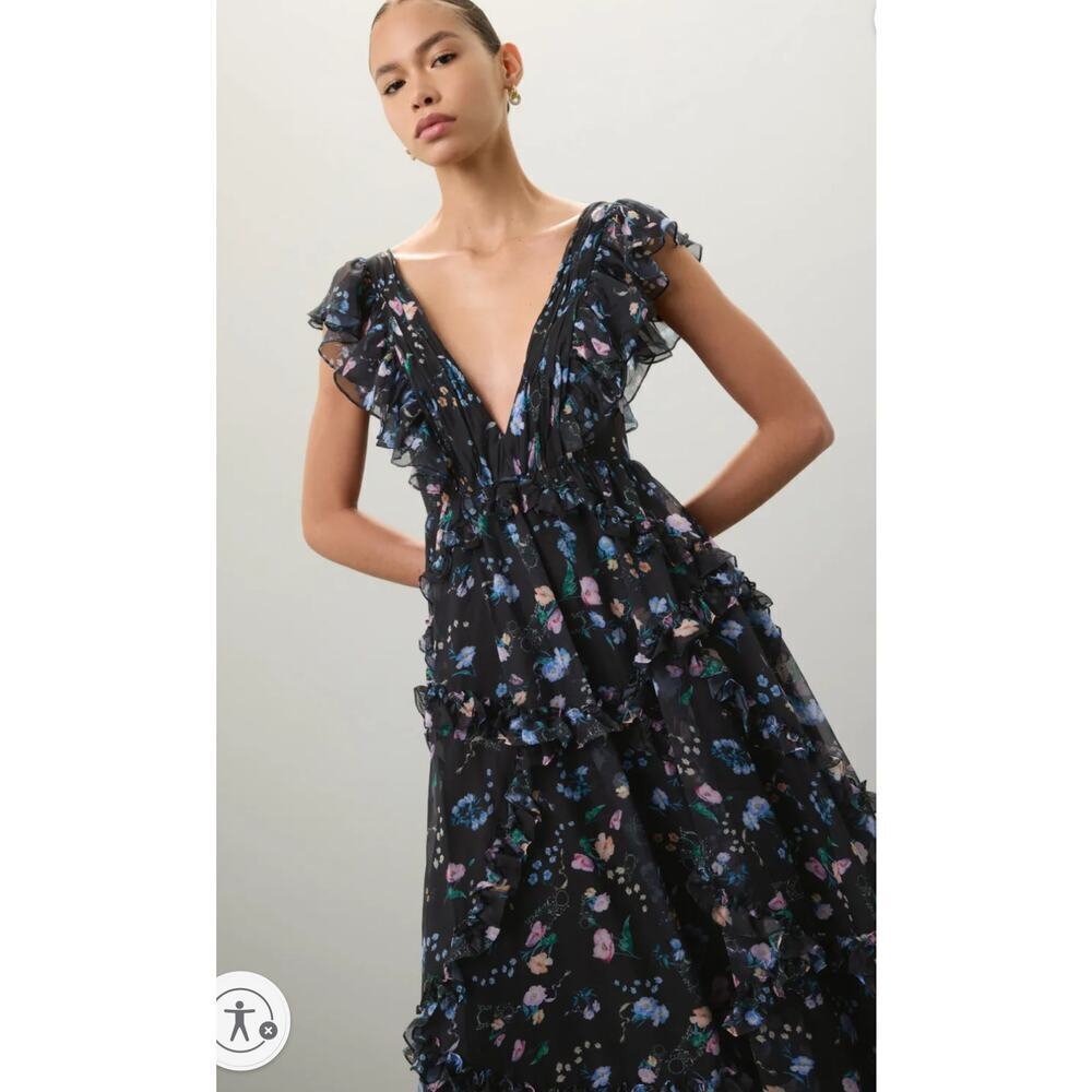 Mac Duggal Women's Floral Ruffle Gown 12 Sleeveless V-Neck Long Formal NWT